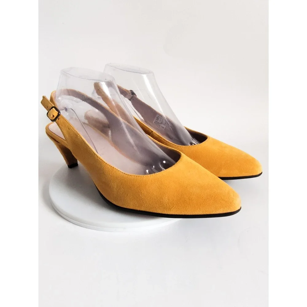 New Ecco Pumps 10 Slingback Kitten Heel Mustard Yellow Suede Pointed Toe Shoes